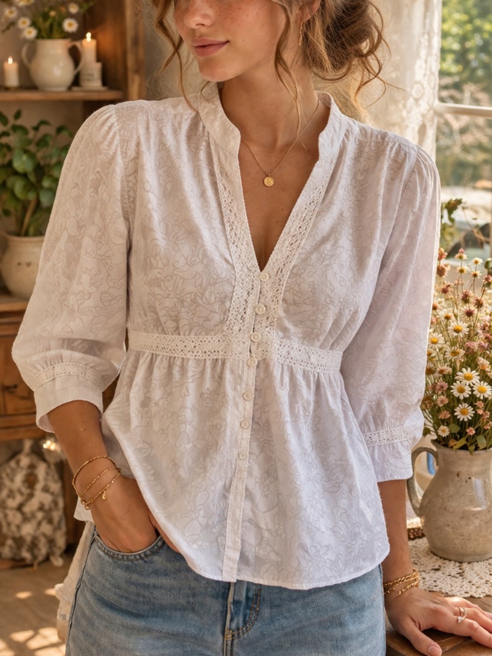 A.L.C. Classics White Lace Button Down Cottagecore Coquette Blouse Size L